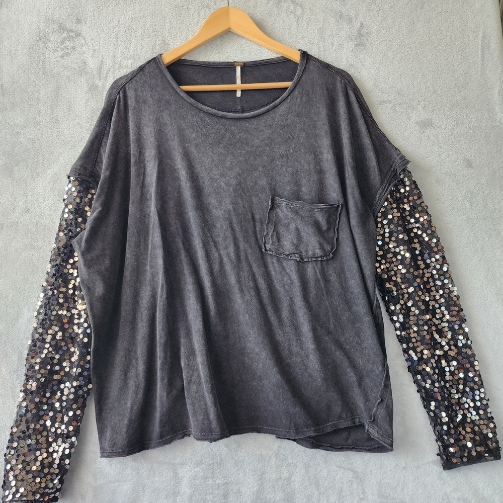 Free People Top Womens Size Medium Celine Charcoal Black Sequin Mesh Sleeve